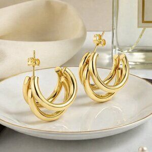 18K Gold Plated Stainless Steel Triple Hoops Chunky Sculptural Split Earrings